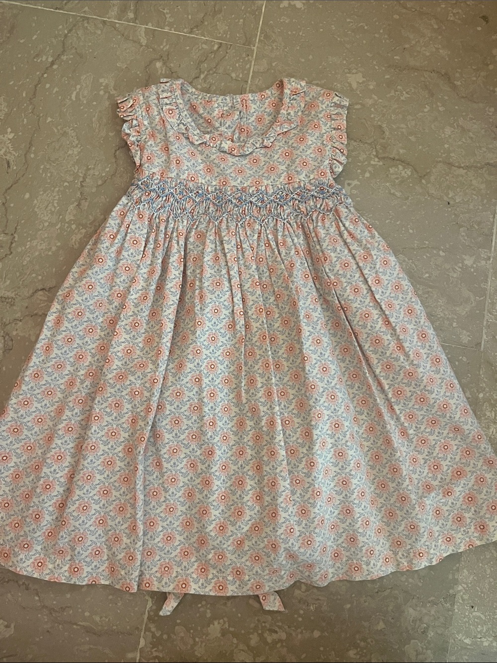 Vintage Smocked Floral Cotton Dress for Girls - Pink & Blue